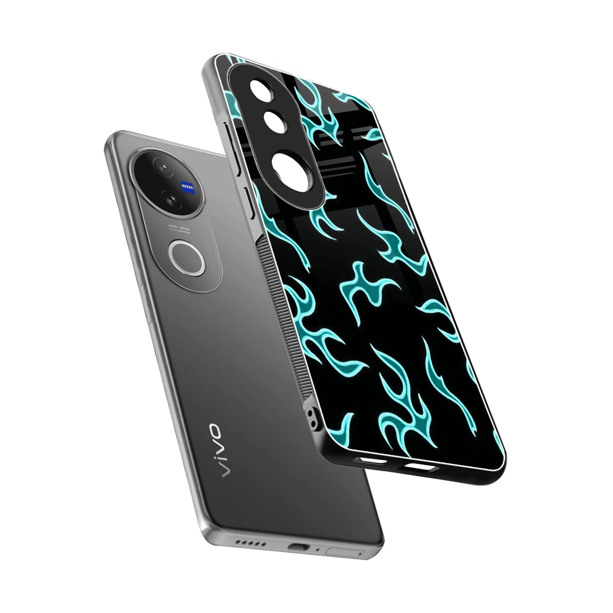 Lil Flames Black Blue sleek vivo v50 cover with tempered glass back and TPU edges