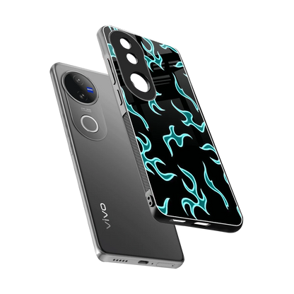 Lil Flames Black Blue sleek vivo v50 cover with tempered glass back and TPU edges