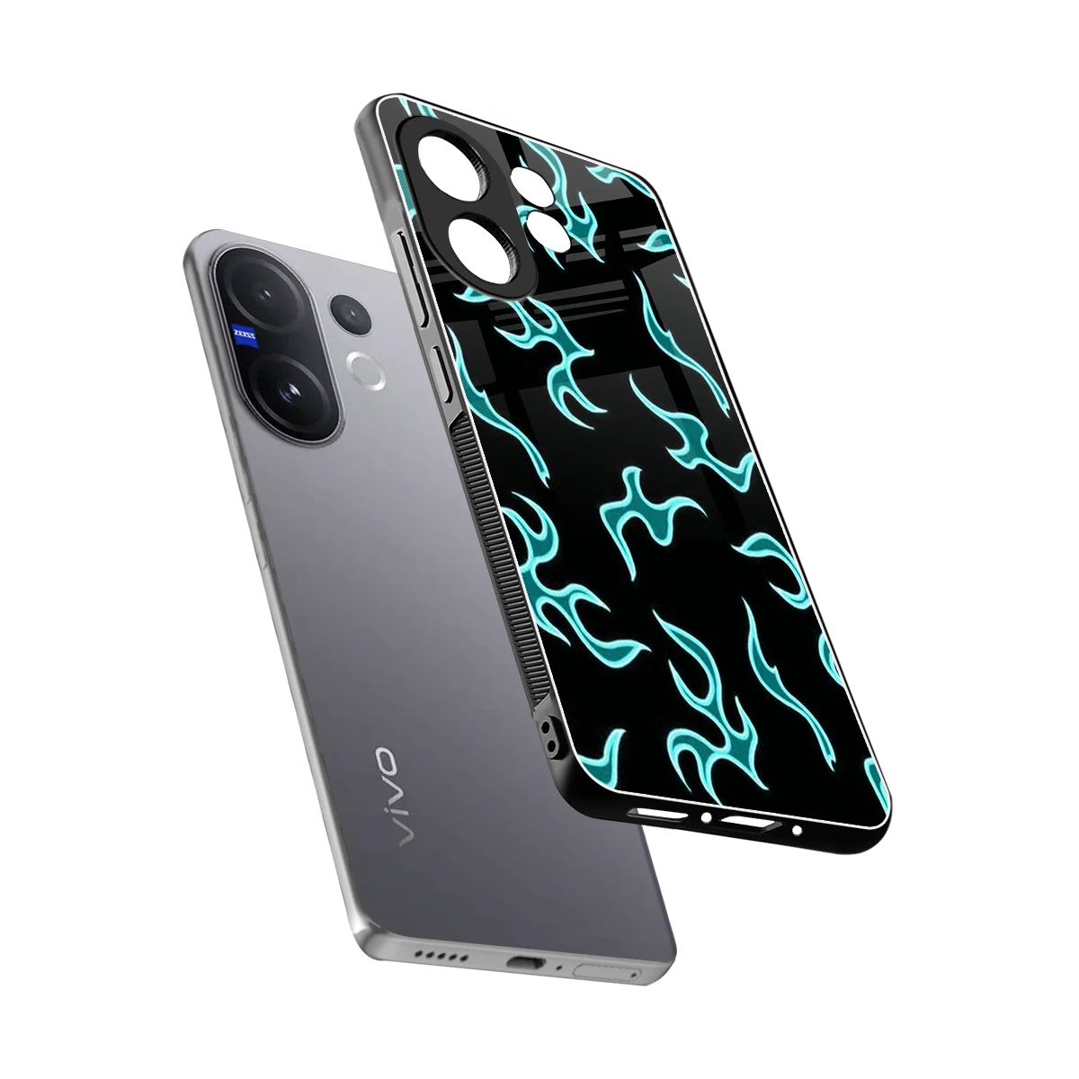Lil Flames Black Blue sleek vivo v60 cover with tempered glass back and TPU edges