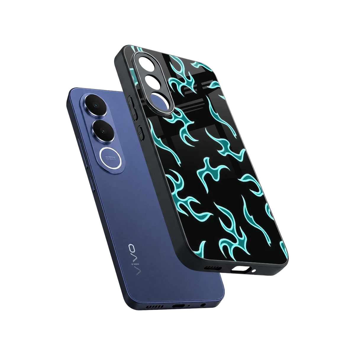 Lil Flames Black Blue sleek vivo v70 fe cover with tempered glass back and TPU edges
