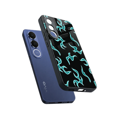 Lil Flames Black Blue sleek vivo v70 fe cover with tempered glass back and TPU edges