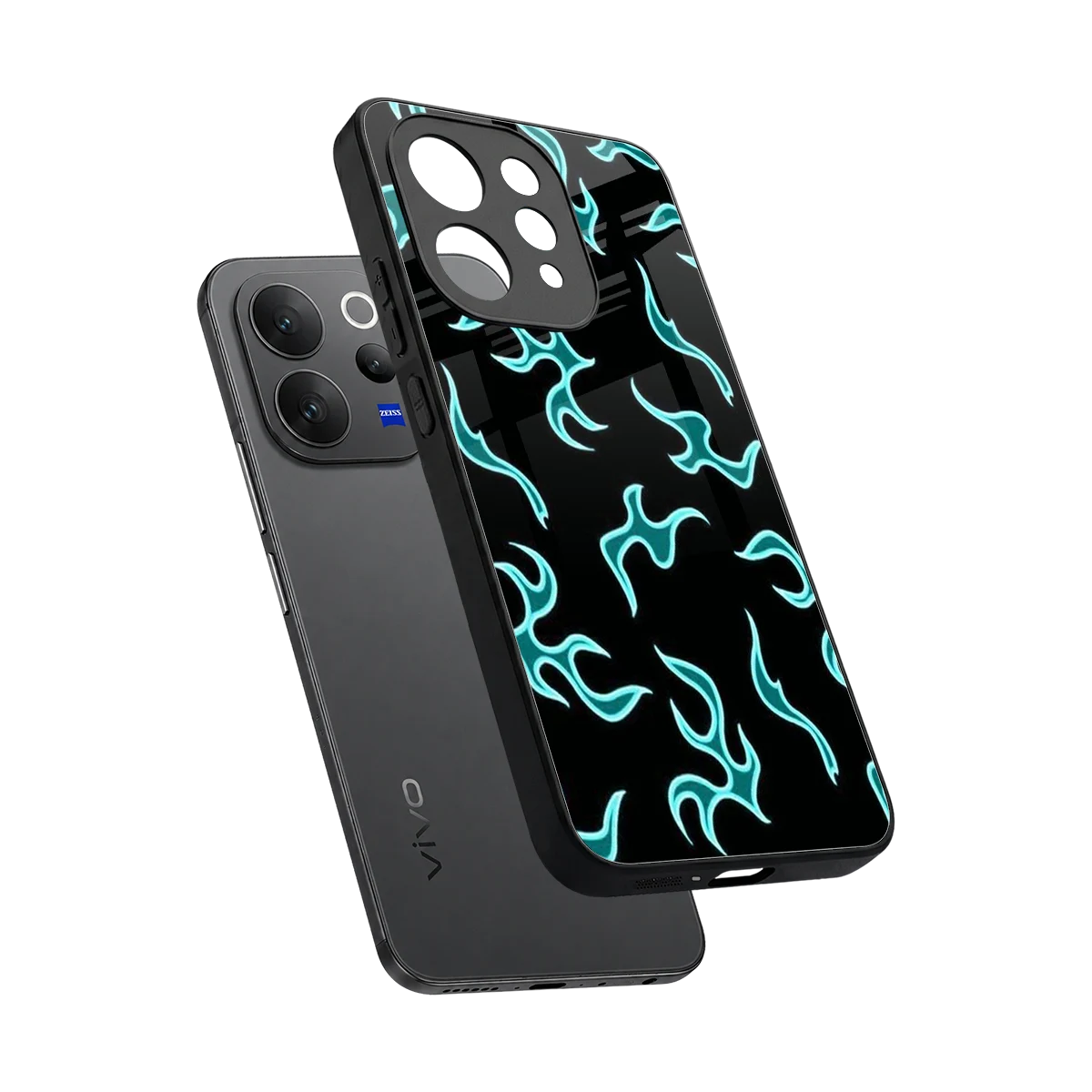 Lil Flames Black Blue sleek vivo v70 elite cover with tempered glass back and TPU edges