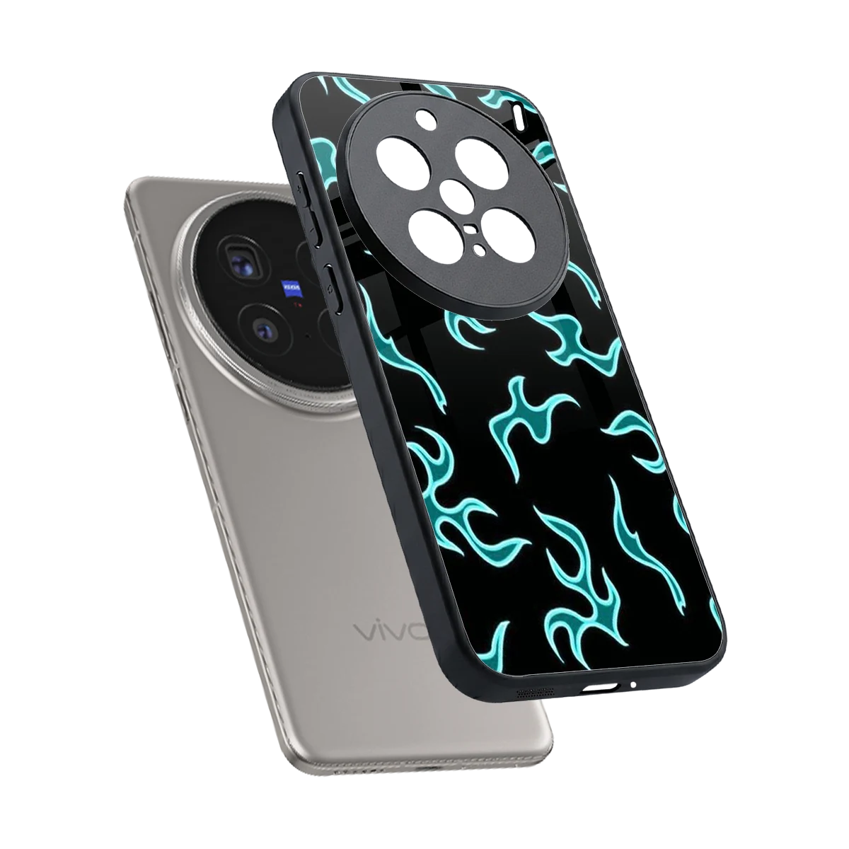 Lil Flames Black Blue sleek vivo x200 pro cover with tempered glass back and TPU edges