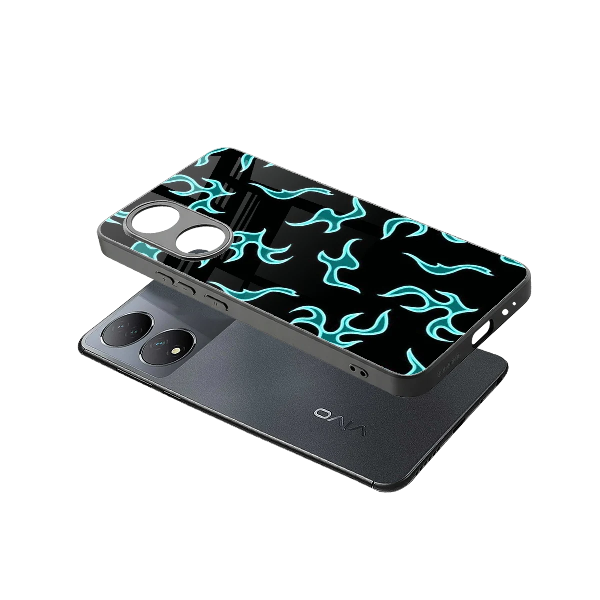 Lil Flames Black Blue sleek Vivo-y100 cover with tempered glass back and TPU edges