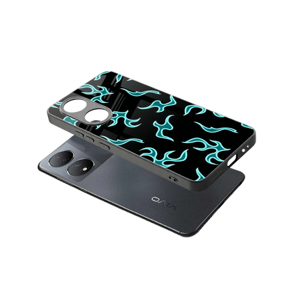 Lil Flames Black Blue sleek Vivo-y100 cover with tempered glass back and TPU edges
