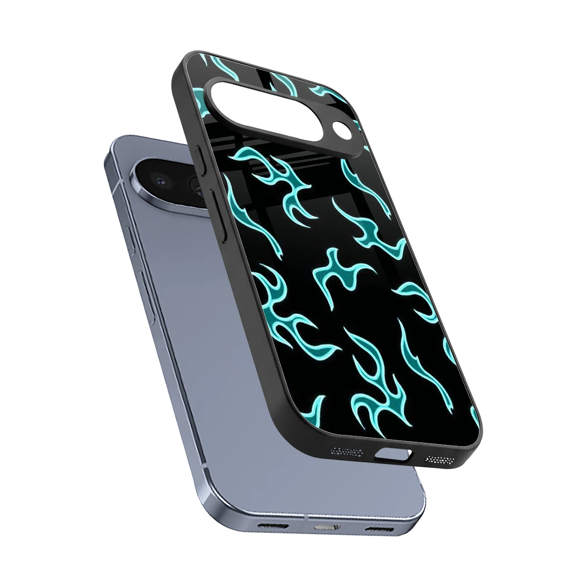Lil Flames Black Blue sleek google pixel 10 cover with tempered glass back and TPU edges