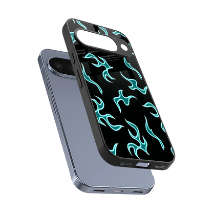 Lil Flames Black Blue sleek google pixel 10 cover with tempered glass back and TPU edges
