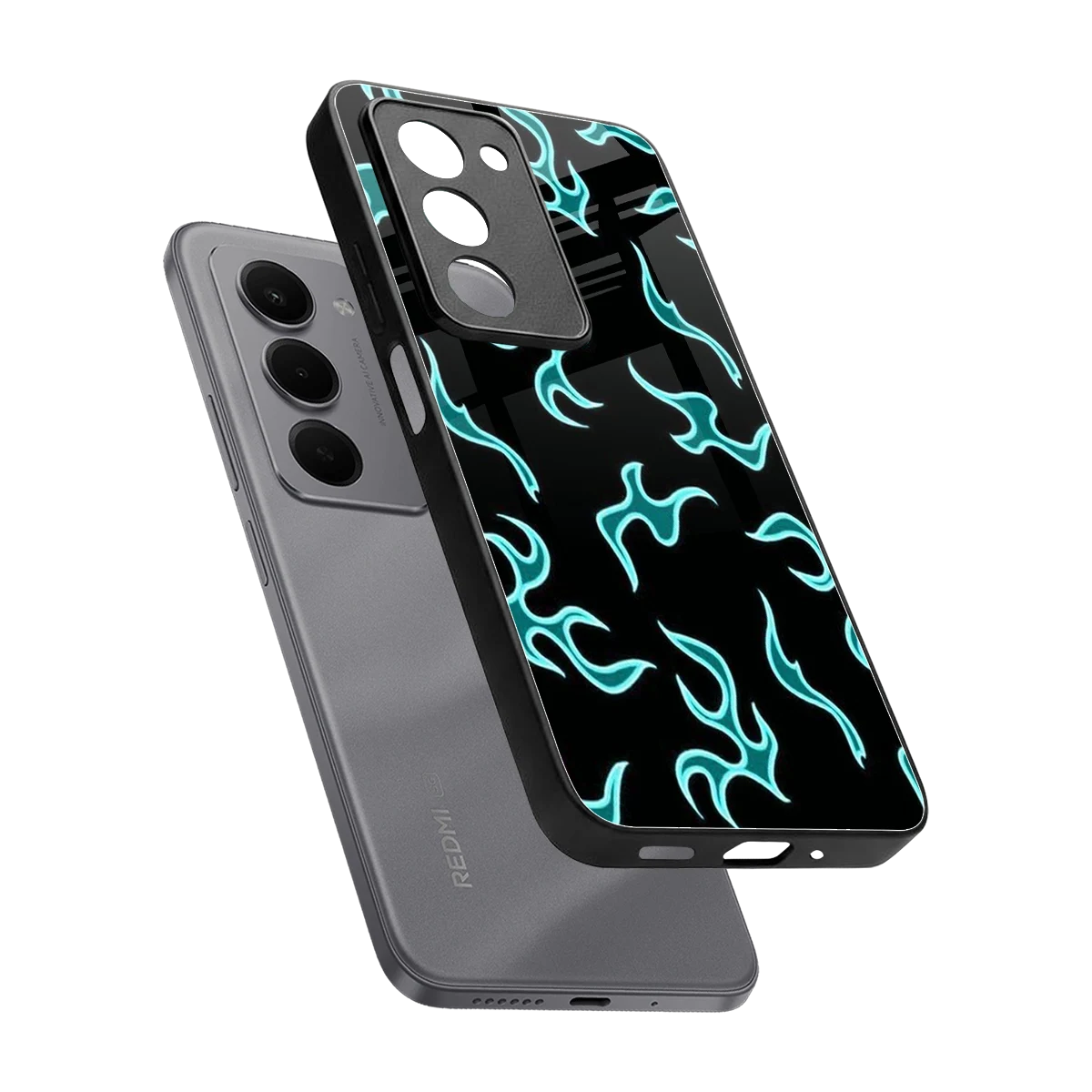 Lil Flames Black Blue sleek redmi 15 5g cover with tempered glass back and TPU edges