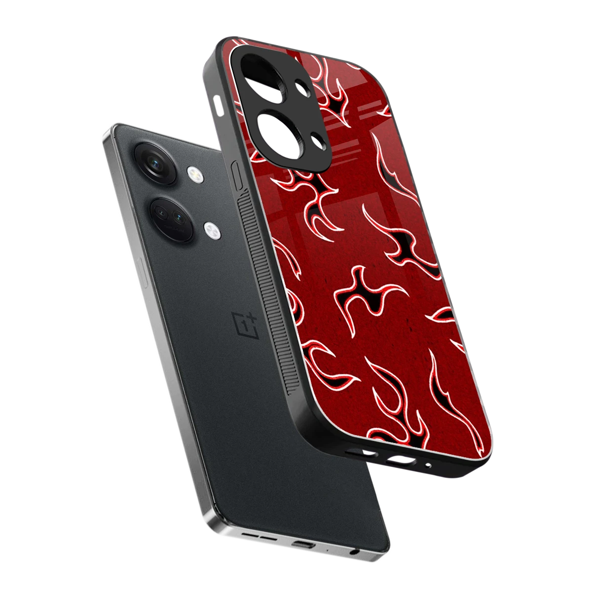 Lil Flames Black Red sleek oneplus nord 3 cover with tempered glass back and TPU edges
