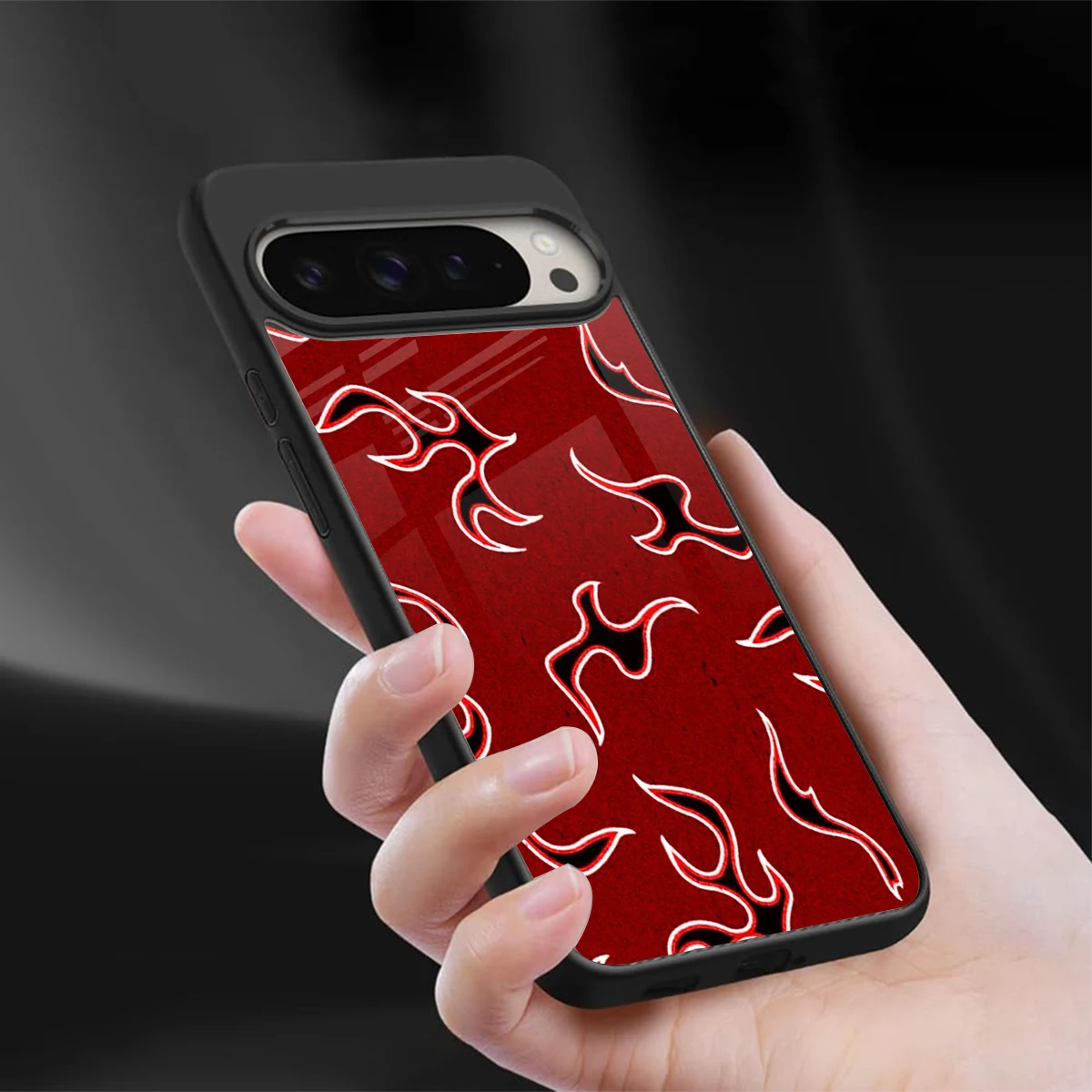 Lil Flames Black Red sleek google pixel 9 pro xl cover with tempered glass back and TPU edges