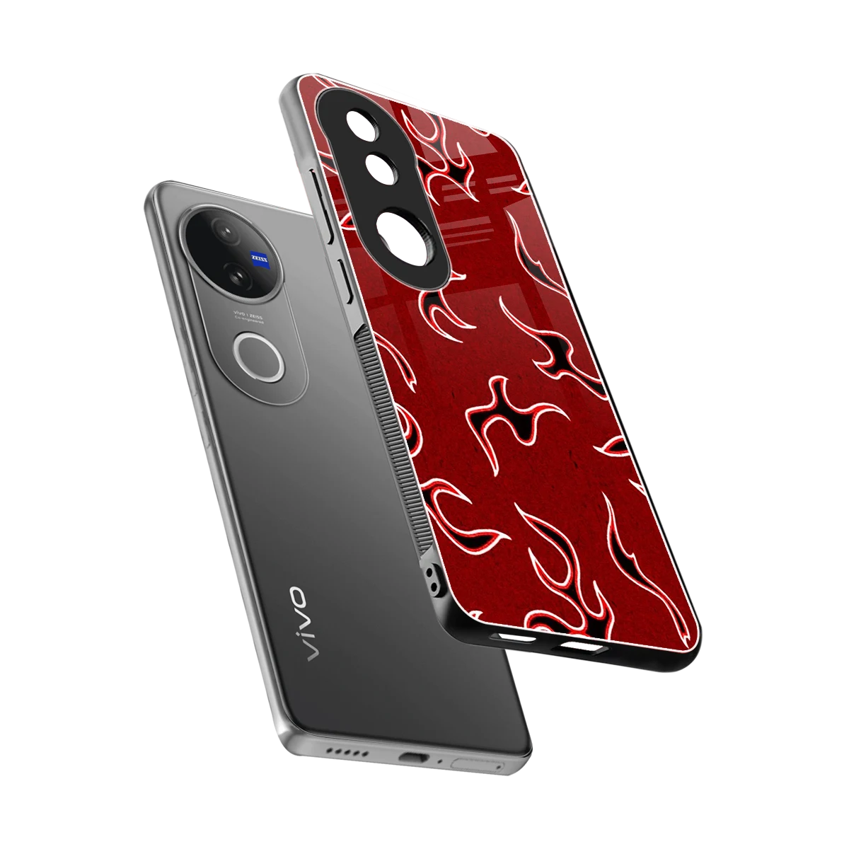 Lil Flames Black Red sleek vivo v50 cover with tempered glass back and TPU edges