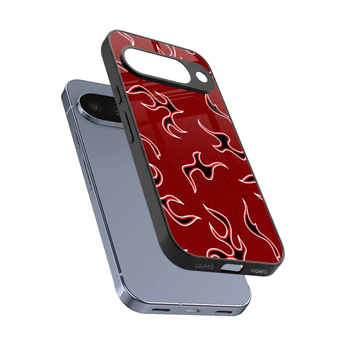 Lil Flames Black Red sleek google pixel 10 cover with tempered glass back and TPU edges