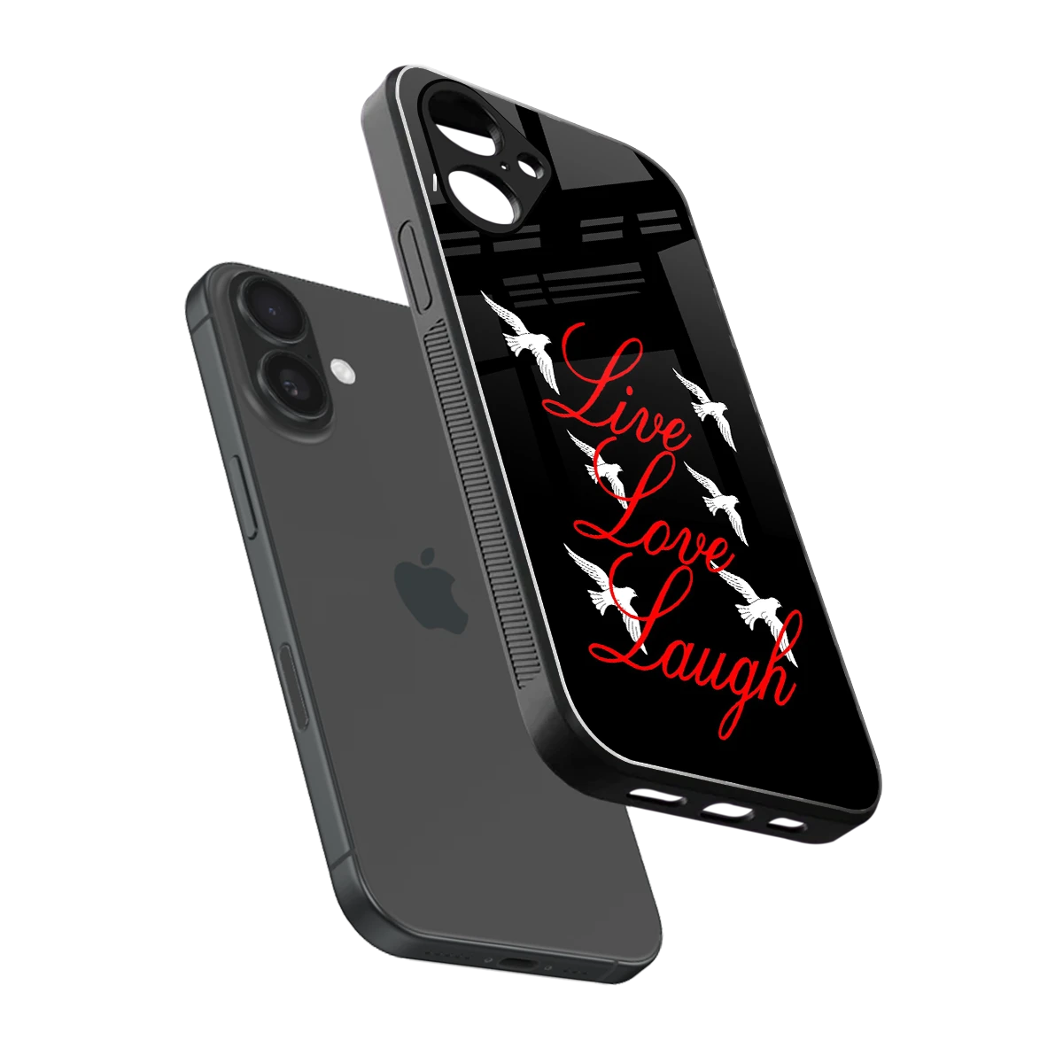 Live Love Laugh sleek iPhone 16 cover with tempered glass back and TPU edges