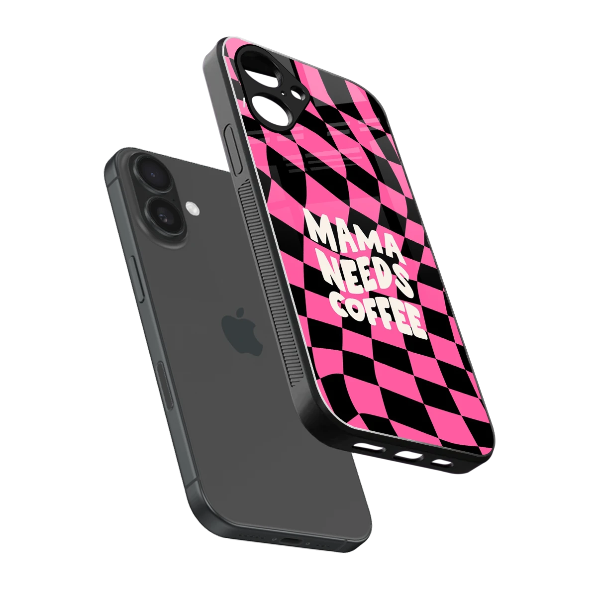 Mama Needs Coffee sleek iPhone 16 cover with tempered glass back and TPU edges