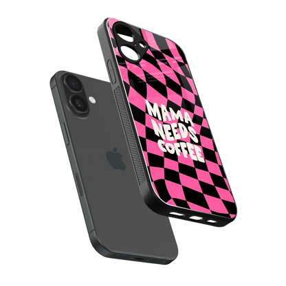 Mama Needs Coffee sleek iPhone 16 cover with tempered glass back and TPU edges