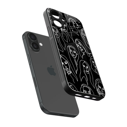 Many Faces Black sleek iPhone 16 cover with tempered glass back and TPU edges