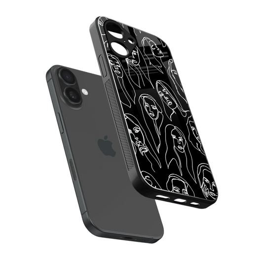 Many Faces Black sleek iPhone 16 cover with tempered glass back and TPU edges