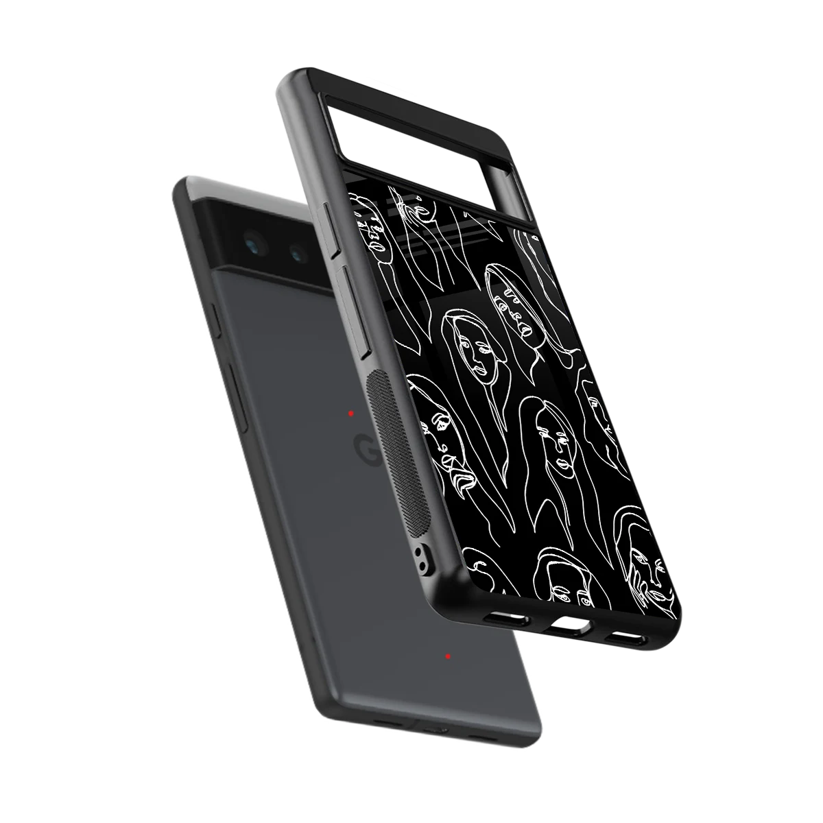 Many Faces Black sleek google pixel 6a cover with tempered glass back and TPU edges
