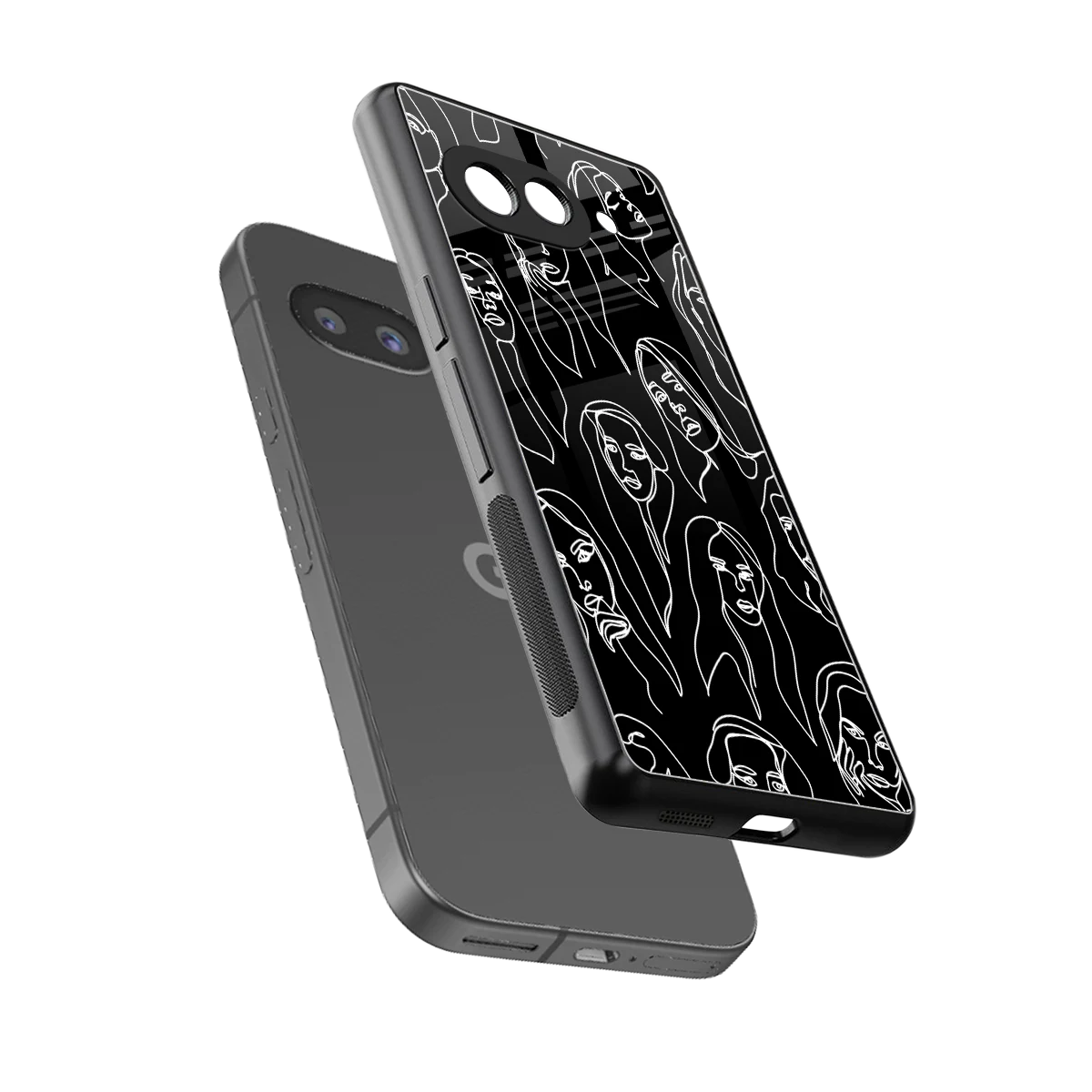 Many Faces Black sleek google pixel 10a cover with tempered glass back and TPU edges