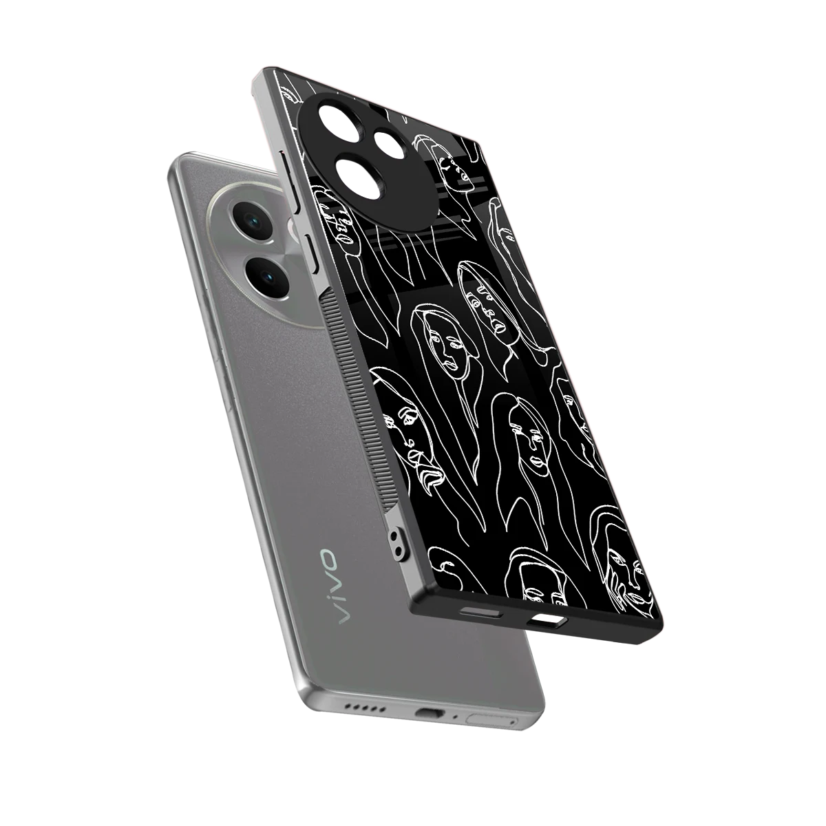 Many Faces Black sleek vivo v30e cover with tempered glass back and TPU edges