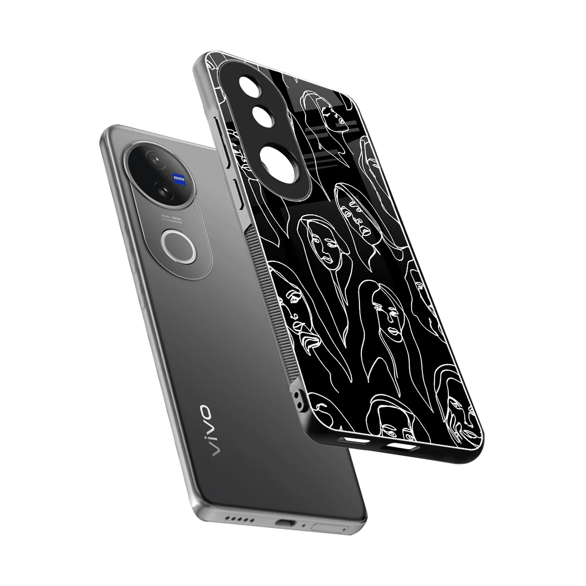 Many Faces Black sleek vivo v50 cover with tempered glass back and TPU edges