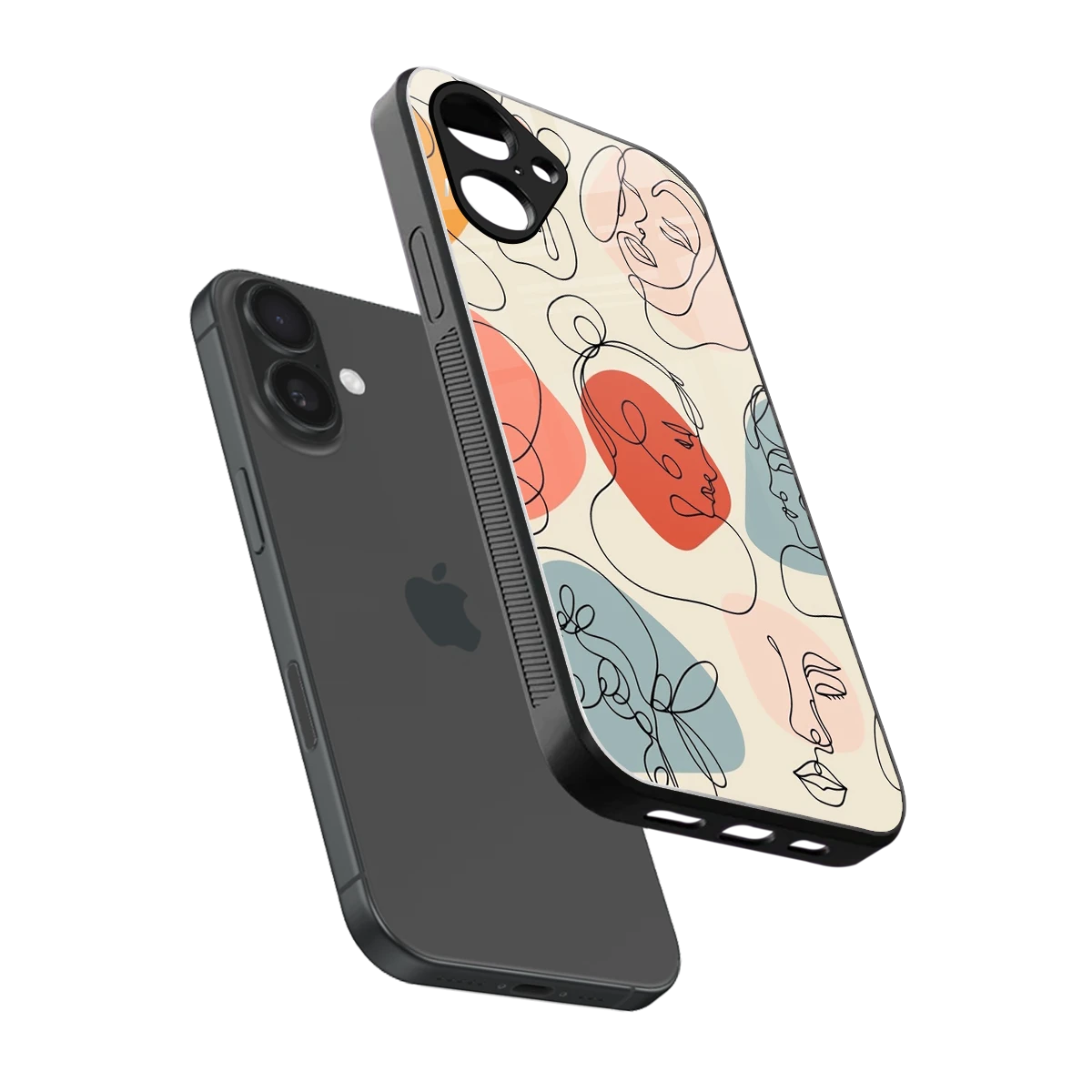 Many Faces Yellow sleek iPhone 16 cover with tempered glass back and TPU edges