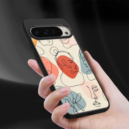 Many Faces Yellow sleek google pixel 9 pro cover with tempered glass back and TPU edges