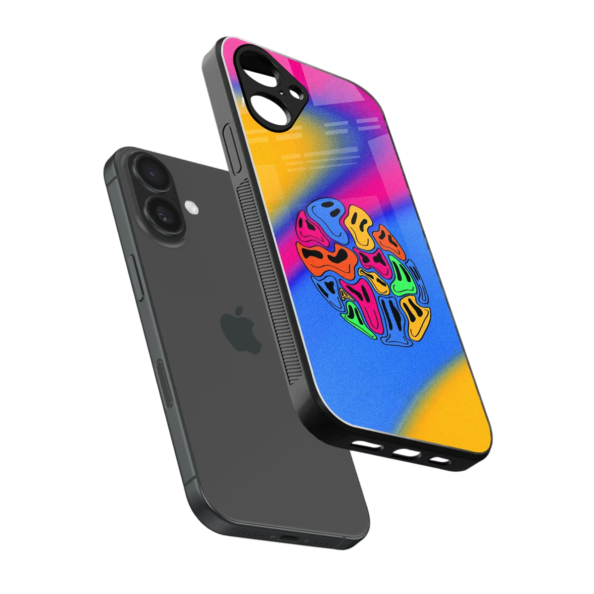 Melted Joy sleek iPhone 16 cover with tempered glass back and TPU edges
