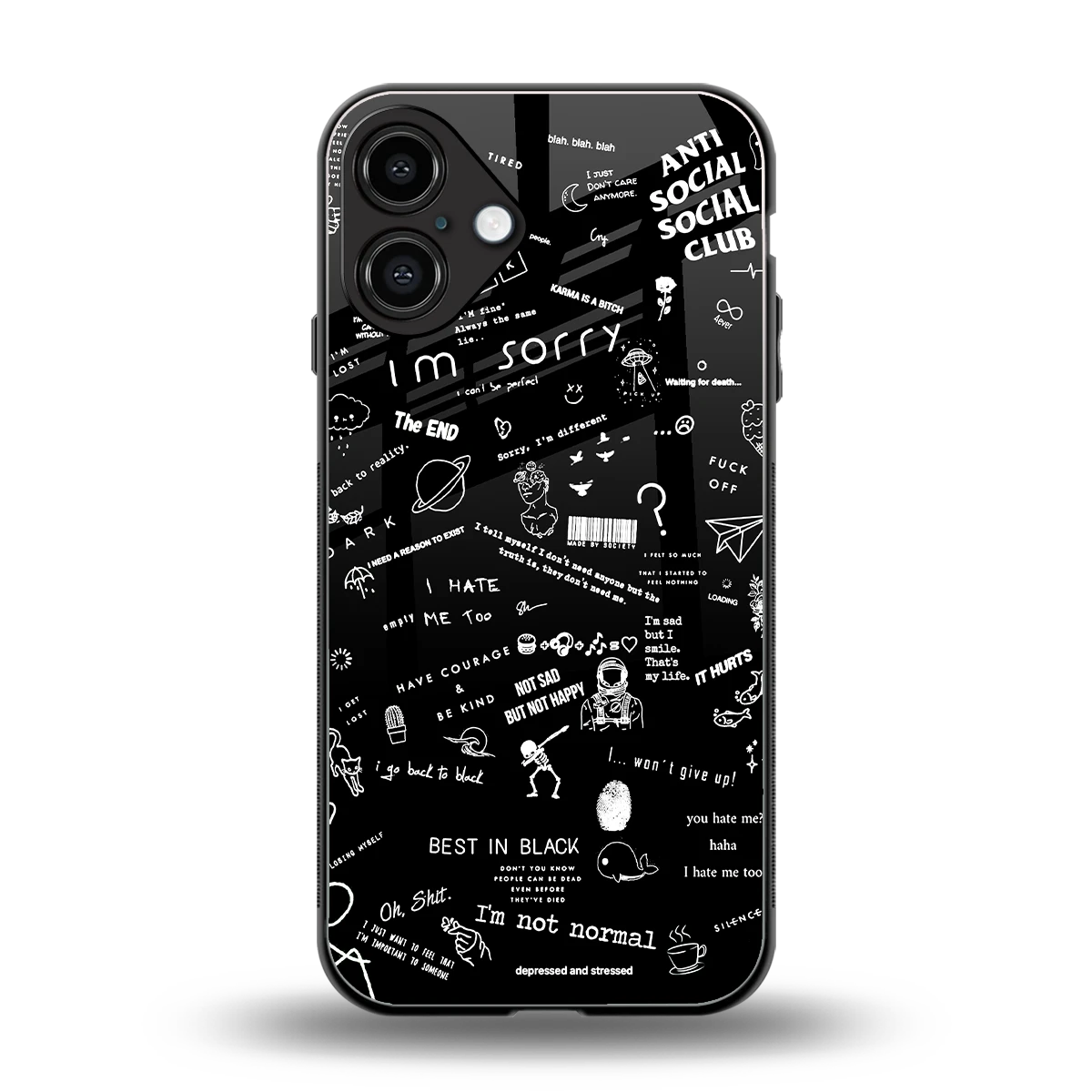 Minimalistic Black Aesthetic Collage back phone cover | glass case for iphone 16 plus