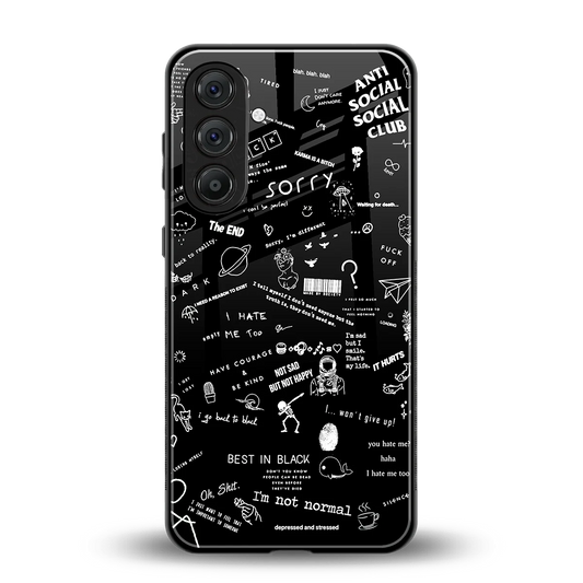 Minimalistic Black Aesthetic Collage back phone cover | glass case for samsung galaxy m36 5g