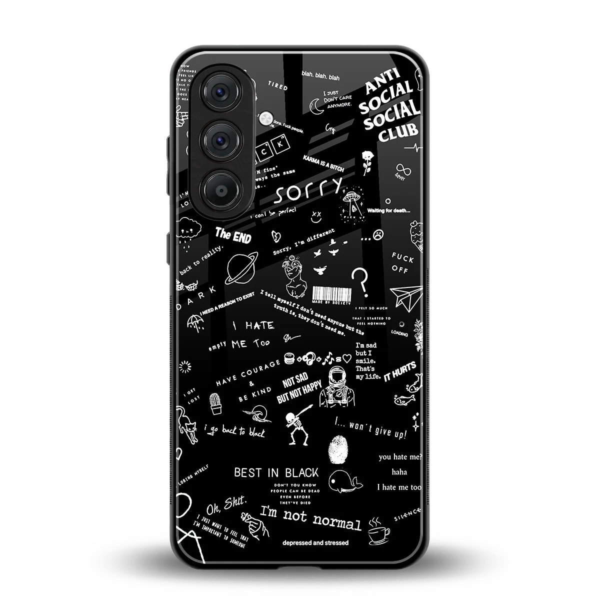 Minimalistic Black Aesthetic Collage back phone cover | glass case for samsung galaxy a55 5g