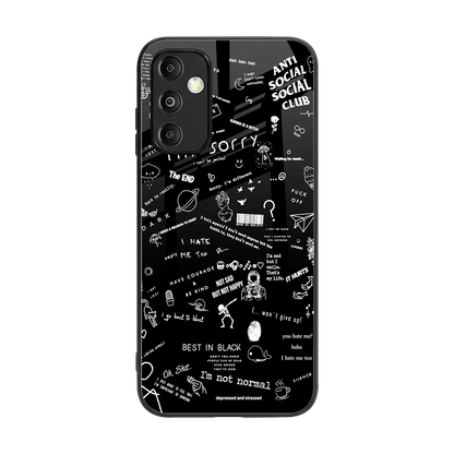 Minimalistic Black Aesthetic Collage back phone cover | glass case for samsung galaxy m14 5g