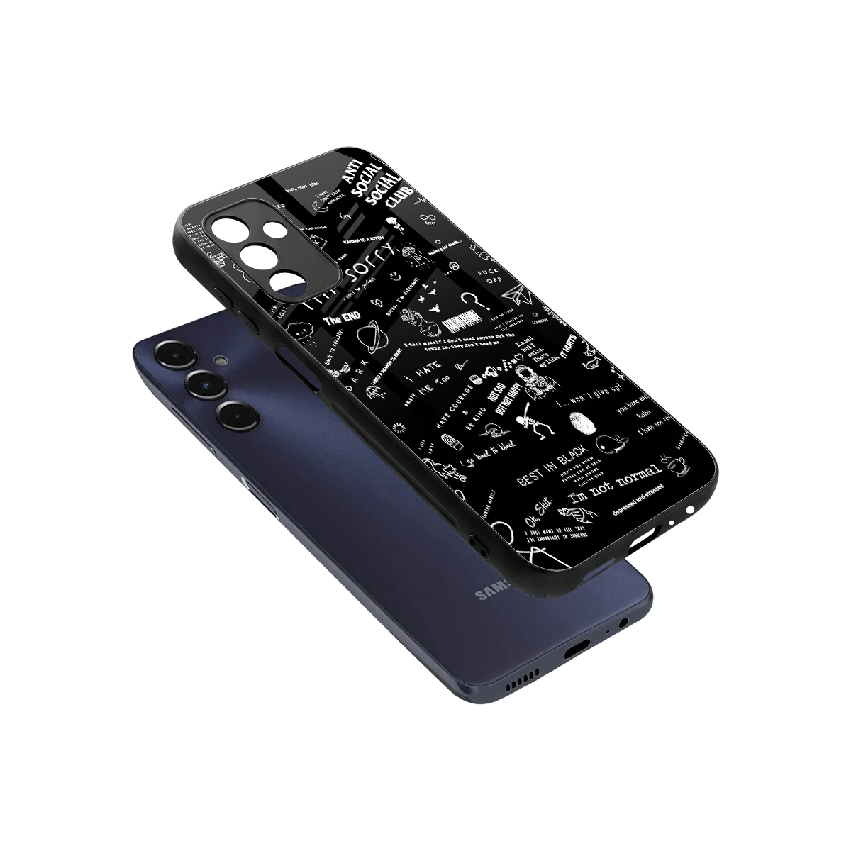 Minimalistic Black Aesthetic Collage sleek samsung galaxy m14 5g cover with tempered glass back and TPU edges