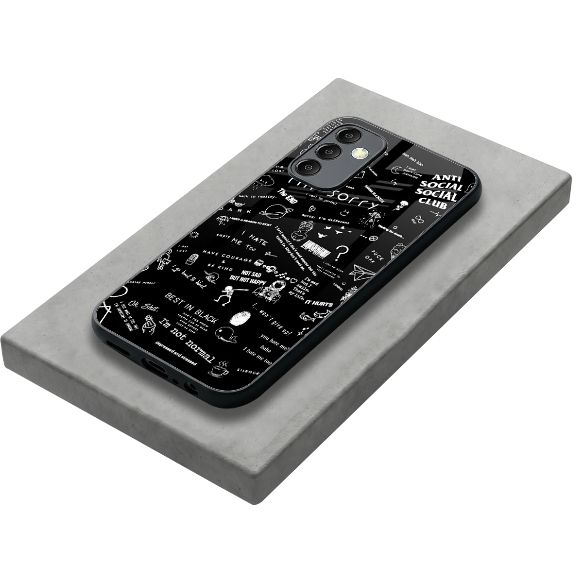 Minimalistic Black Aesthetic Collage stylish phone case for samsung galaxy m14 5g | glossy glass and slim fit