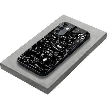 Minimalistic Black Aesthetic Collage stylish phone case for samsung galaxy m14 5g | glossy glass and slim fit