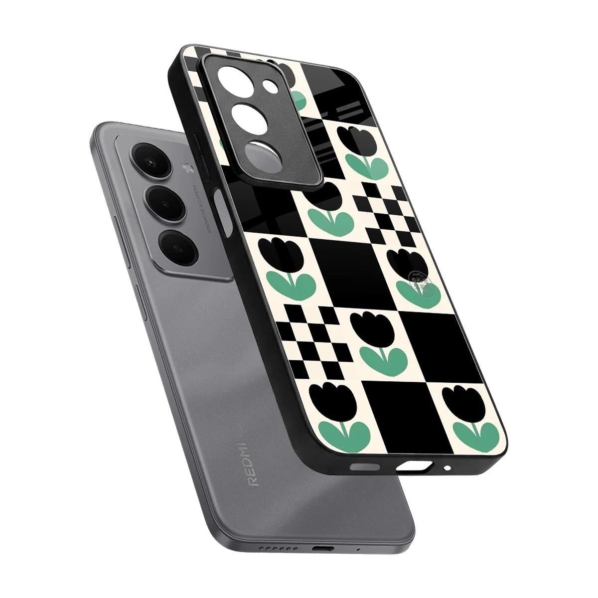 Minimalistic Flower Pattern sleek redmi 15 5g cover with tempered glass back and TPU edges