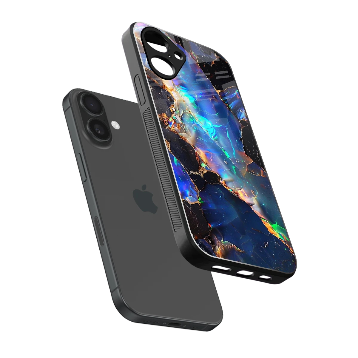 Mystic Marble sleek iPhone 16 cover with tempered glass back and TPU edges