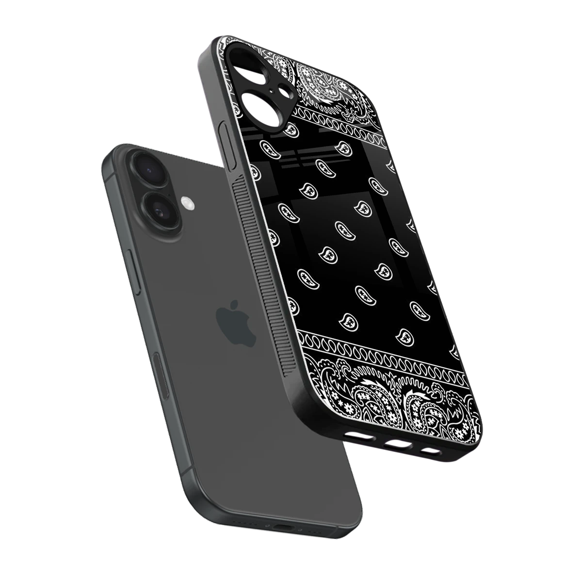 Paisley Black sleek iphone 16 plus cover with tempered glass back and TPU edges