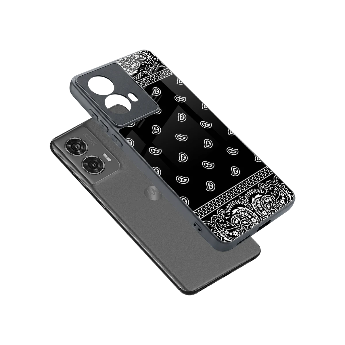 Paisley Black sleek motorola edge 50 fusion cover with tempered glass back and TPU edges