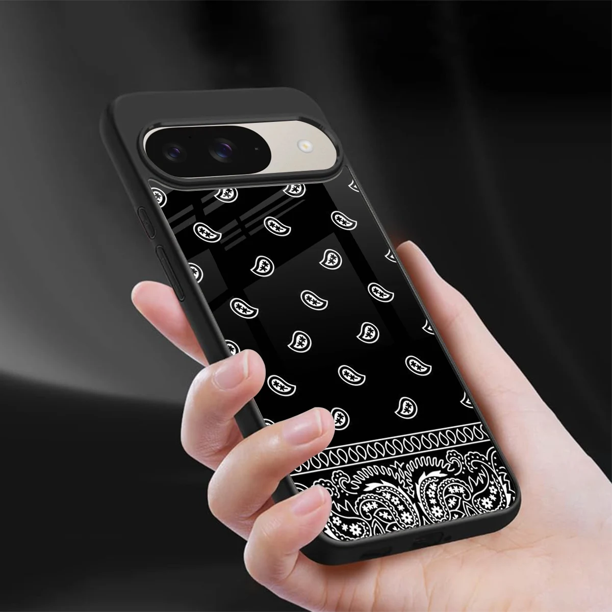 Paisley Black sleek google pixel 9 cover with tempered glass back and TPU edges