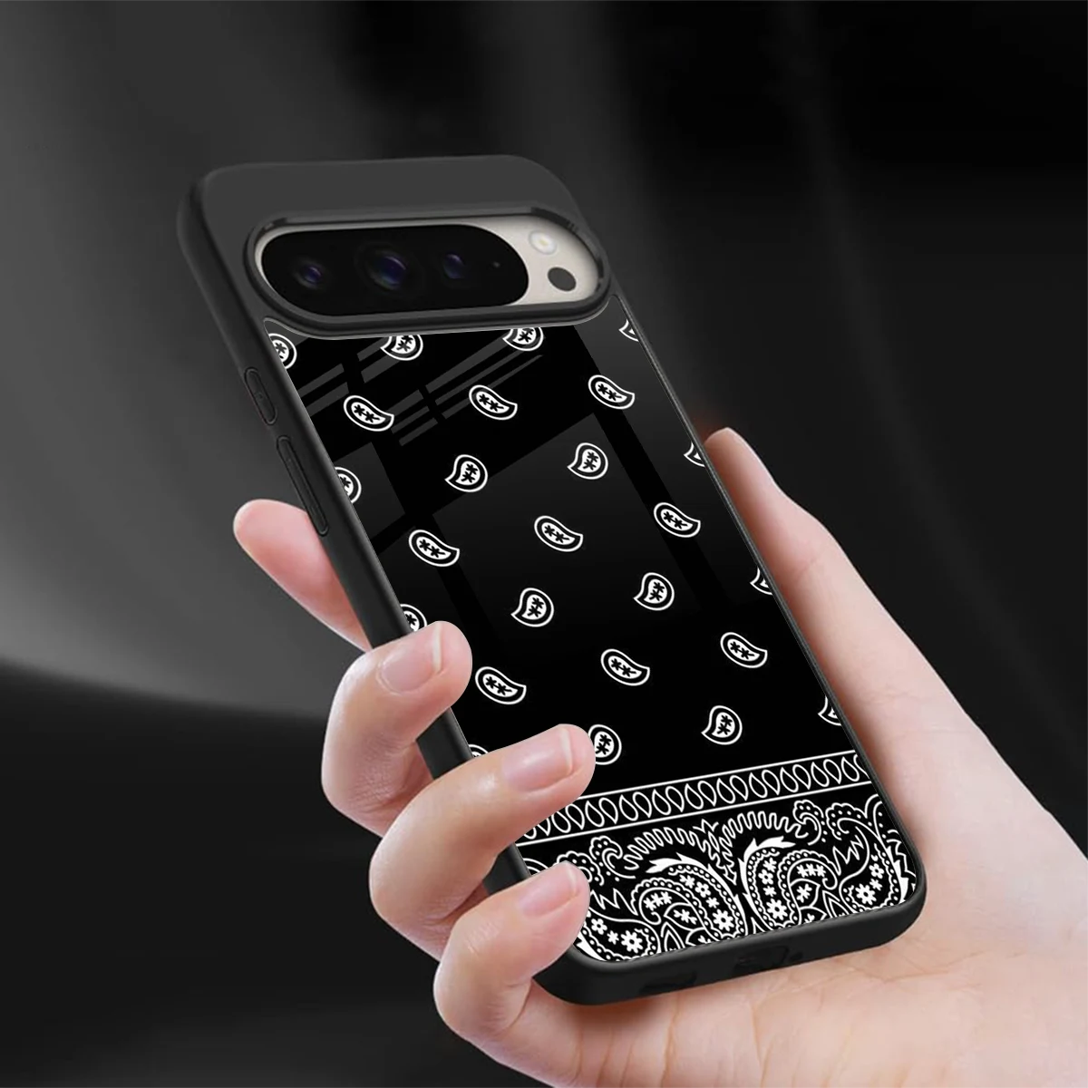 Paisley Black sleek google pixel 9 pro cover with tempered glass back and TPU edges