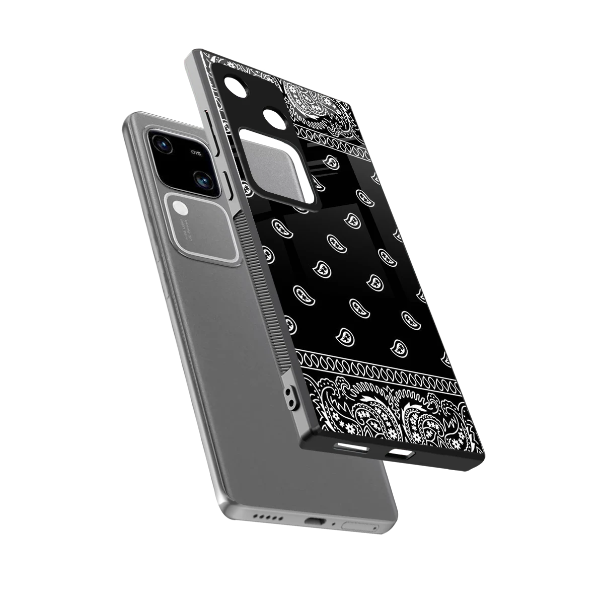Paisley Black sleek vivo v30 cover with tempered glass back and TPU edges