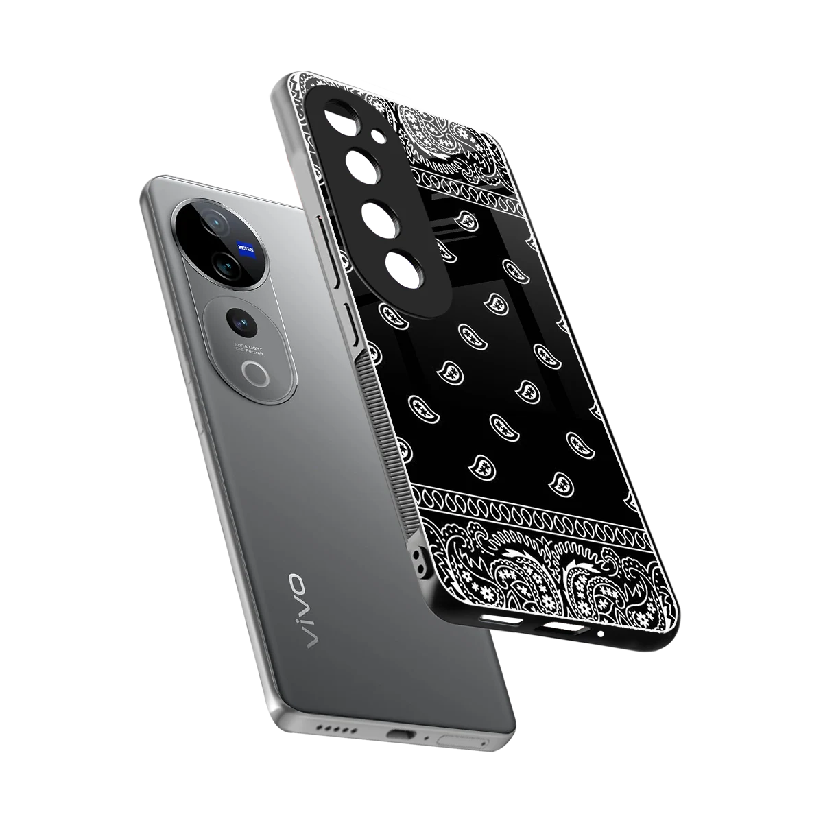 Paisley Black sleek vivo v40 pro cover with tempered glass back and TPU edges