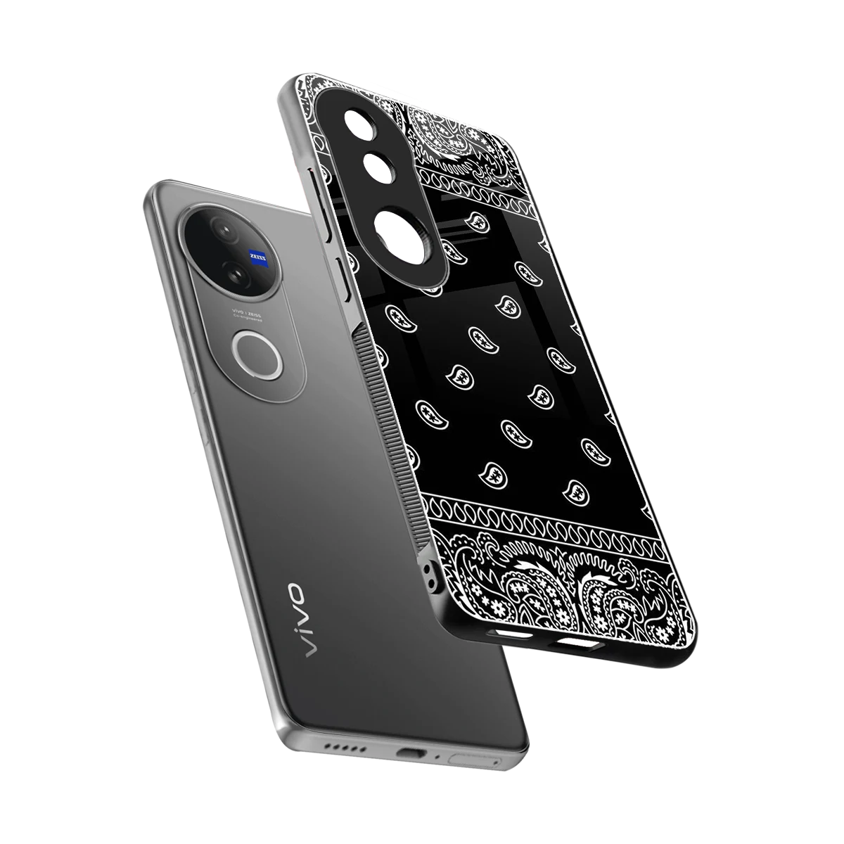 Paisley Black sleek vivo v50 cover with tempered glass back and TPU edges