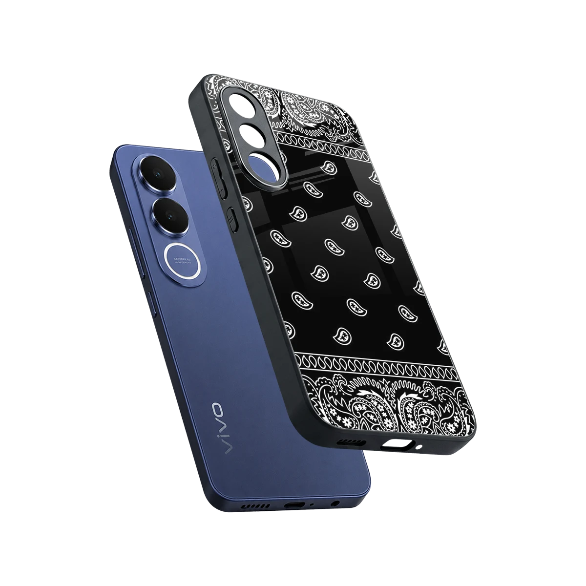 Paisley Black sleek vivo v70 fe cover with tempered glass back and TPU edges