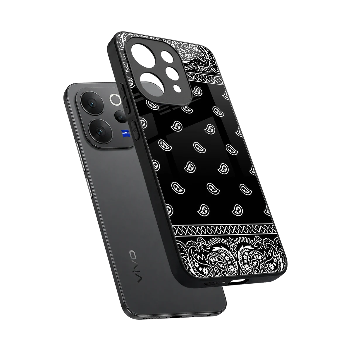 Paisley Black sleek vivo v70 elite cover with tempered glass back and TPU edges