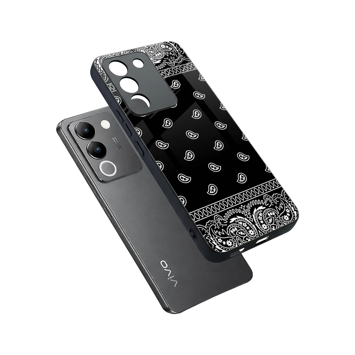 Paisley Black sleek vivo y200 5g cover with tempered glass back and TPU edges