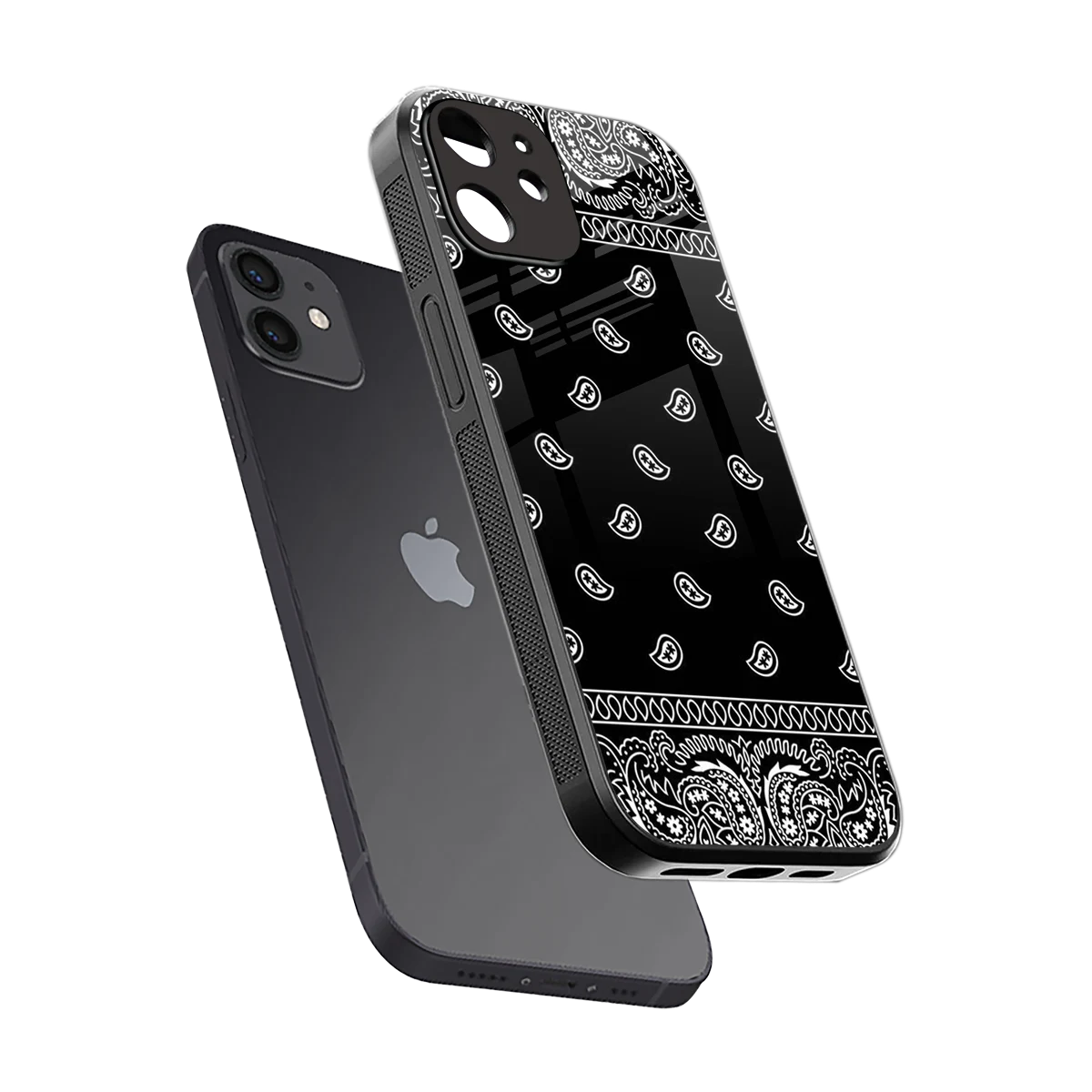Paisley Black sleek iphone 12 cover with tempered glass back and TPU edges