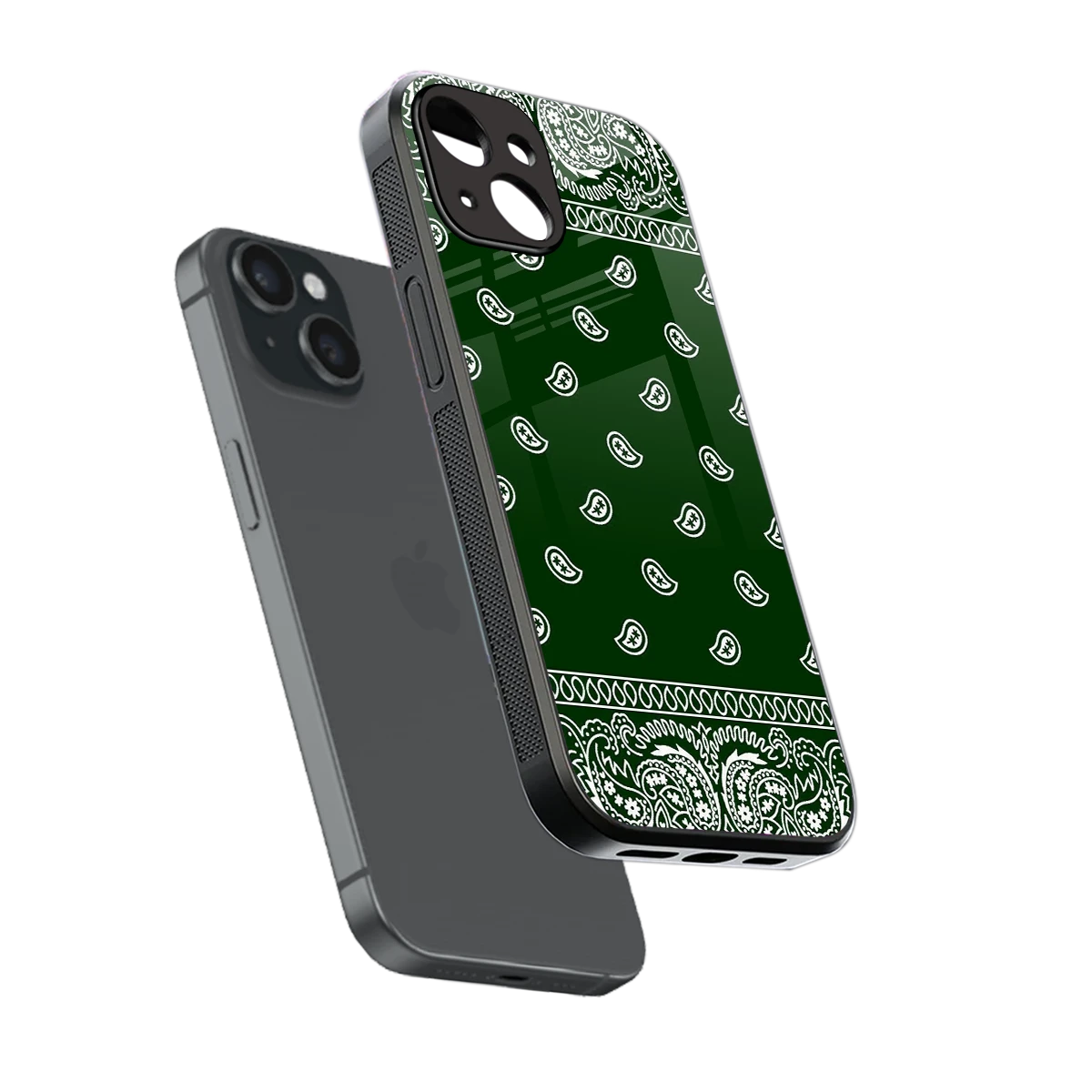 Paisley Green sleek iphone 15 cover with tempered glass back and TPU edges