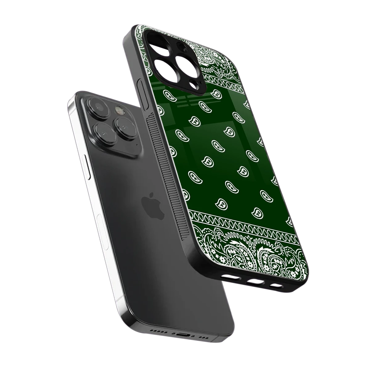 Paisley Green sleek iphone 15 pro cover with tempered glass back and TPU edges